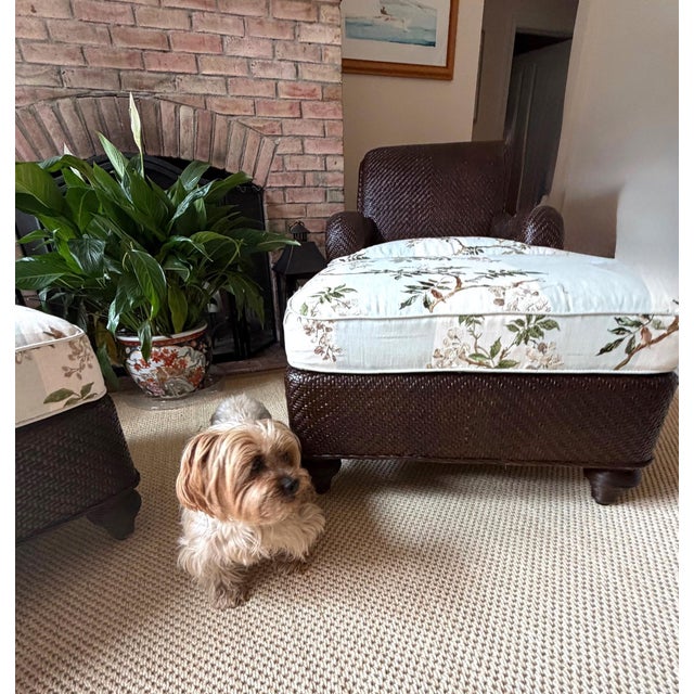 A Pair of Custom Lounge Chairs and Ottoman Set by Mark Hampton for Hickory Chair Upholstered in Colefax & Fowler For Sale - Image 9 of 18