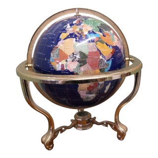 Table Top World Globe in Lapis and Brass, 1970s For Sale