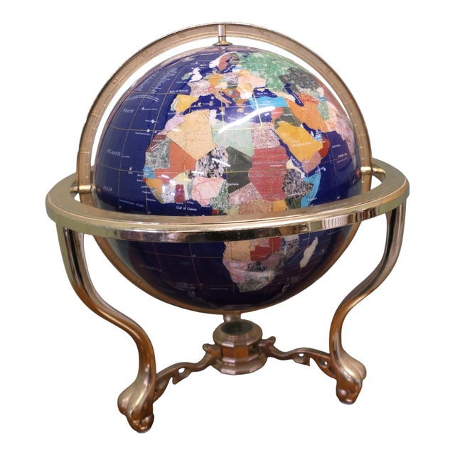 Table Top World Globe in Lapis and Brass, 1970s For Sale