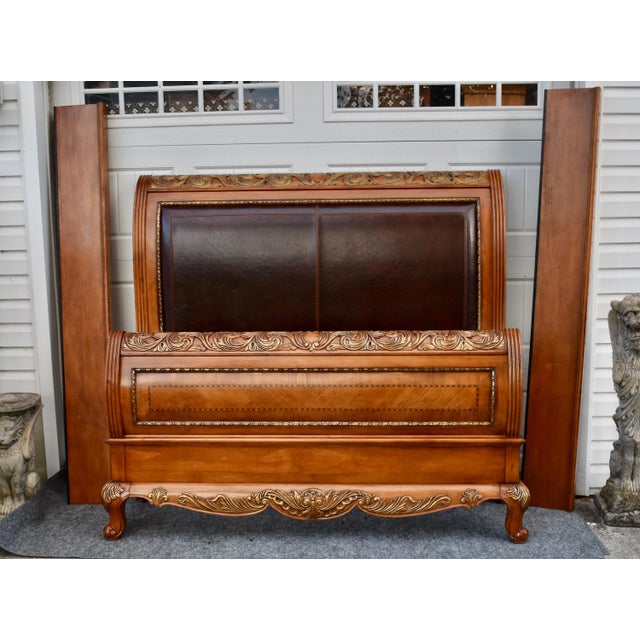 Pre-Owned 2000's Queen Size Complete Bed has a Tuscan Style. Sleigh Bed consists of Headboard, Footboard, and Rails - No...