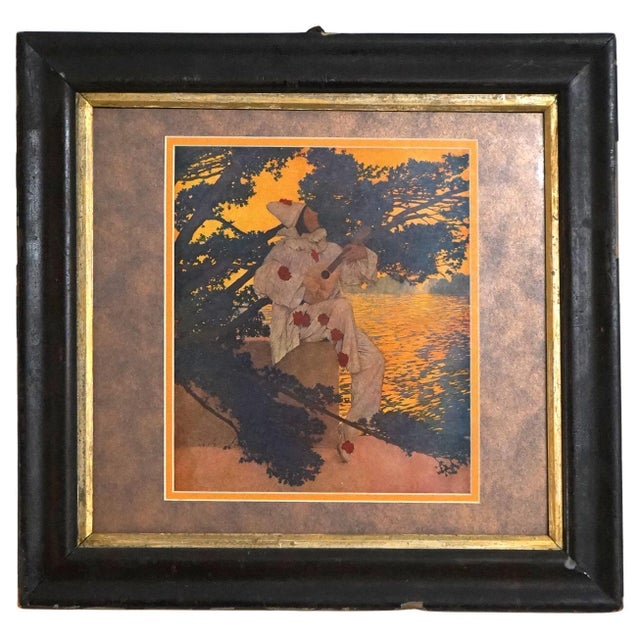 Two Antique Art Deco Maxfield Parrish Prints “Pierrot’s Serenade”, One Framed, C1920 Measures - 18.25"H x 19.25"W x 1.25"D