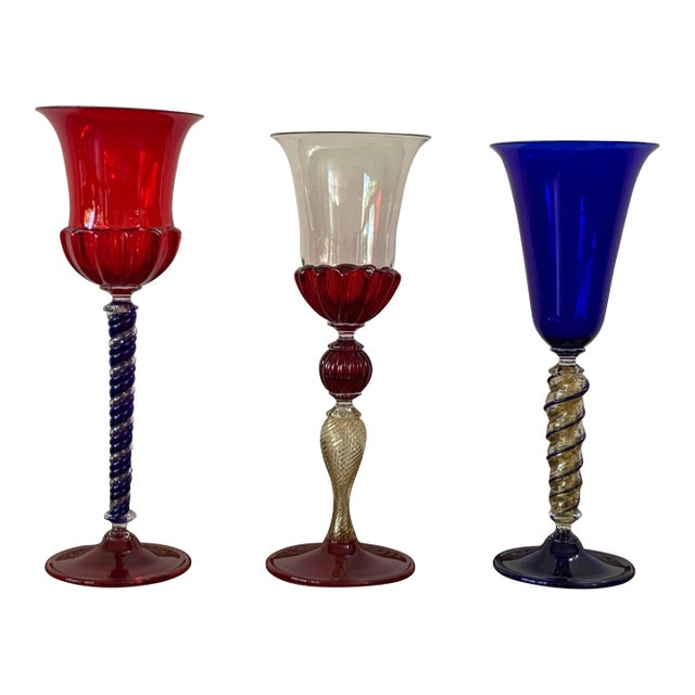 Late 20th Century Set of Three Modern Murano Glass Goblets, Blue, Red and Amethys For Sale