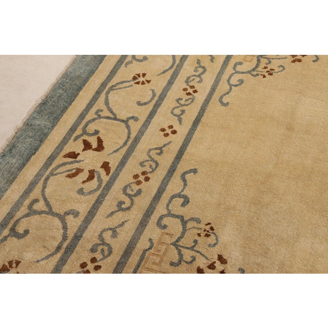 Hand-Knotted Antique Chinese Rug in Beige-Brown, Blue Open Field, Floral Pattern For Sale In New York - Image 6 of 7