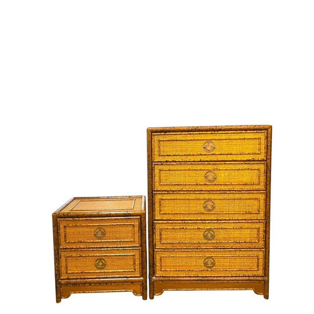 Copper British Colonial Tortoiseshell Bamboo Chest & Nightstand, China Export, C. 1970s For Sale - Image 8 of 10