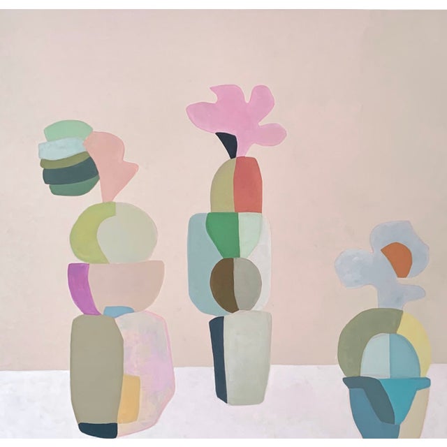 Fine oil painting featuring geometric objects placed in a neutral space. Featuring small pops of color and a beautiful...