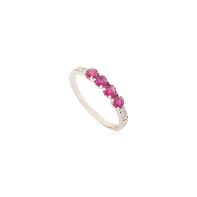 Art Nouveau 14k Gold Modern Natural Ruby & Diamond Half Eternity Band Ring Size 9 For Sale - Image 3 of 13