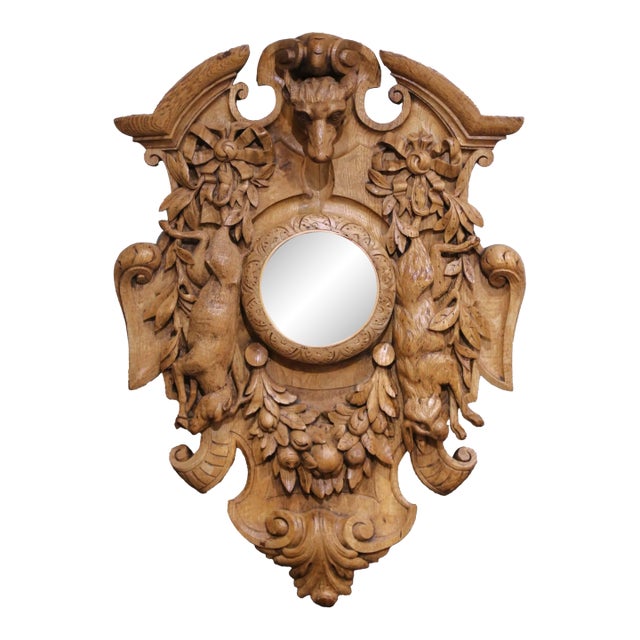 19th Century French Black Forest Carved Oak Hunting Wall Plaque With Mirror For Sale