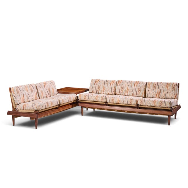 Hans Olsen Model 161 Danish Teak and Cane Modular 2-Seat Sofa with Table - Pair Each sofa measures: 77 wide x 27 deep x 28...