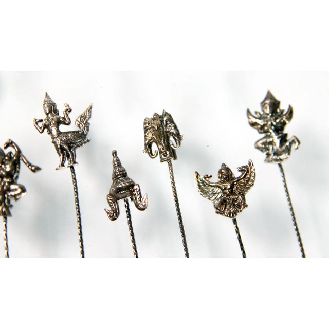 1950s Sterling Silver Thai Buddhist Cocktail Forks / Hors d'Oeuvre Picks - Set of 8 For Sale - Image 5 of 9