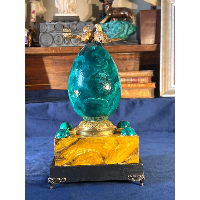 Wood Empire Style Faux Malachite & Sienna Marble Decorative Egg Table Article With Gilt Bronze Doves For Sale - Image 7 of 14