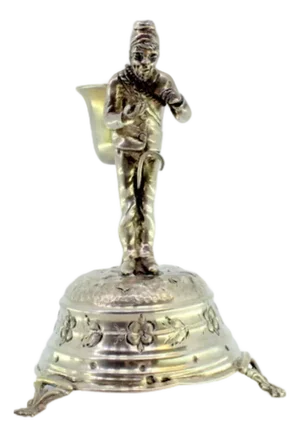 Silver Toothpick Holder with Man Carrying Basket, Engravings and Floral Motifs