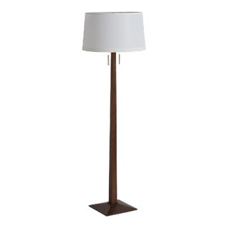 Taper Floor Lamp - Dark Walnut Wood Finish, Weathered Brass, White Linen Shade, Dimmer For Sale