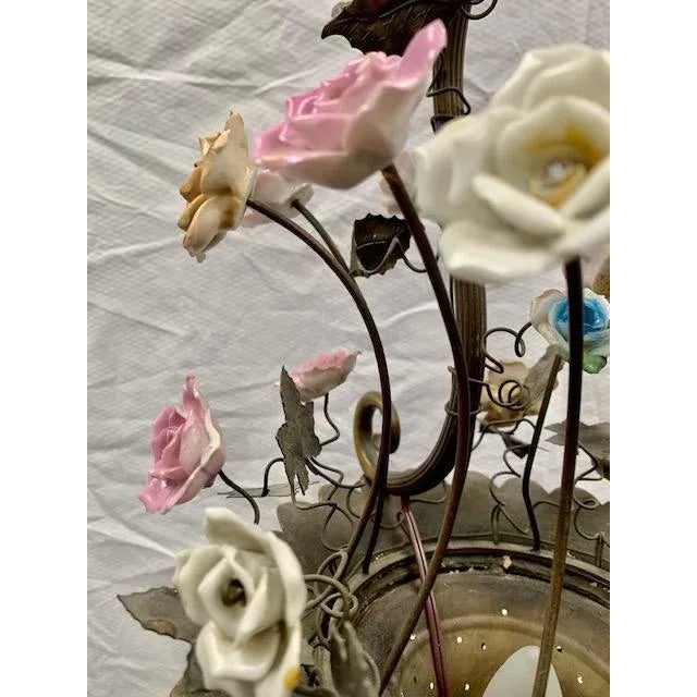 Small French Cast Brass Basket Light With Original Porcelain Flowers. For Sale In West Palm - Image 6 of 13
