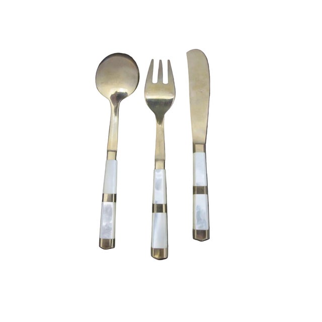 Brass Mother of Pearl & Brass Thailand Flatware Small Spoon Fork & Knife Set of 15 For Sale - Image 8 of 9
