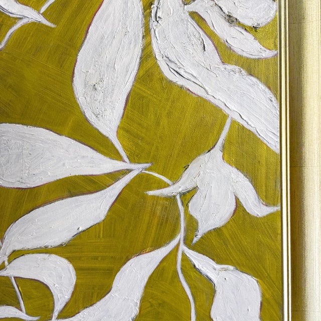 Original Oil Painting Botanical Leaves, Green and White Floral Wall Art, Framed Contemporary Nature Artwork, 16x20 For Sale - Image 4 of 4
