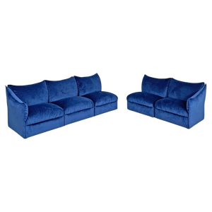 Italian Modern Modular Sofa in Blue Velvet, 1980s, Set of 5