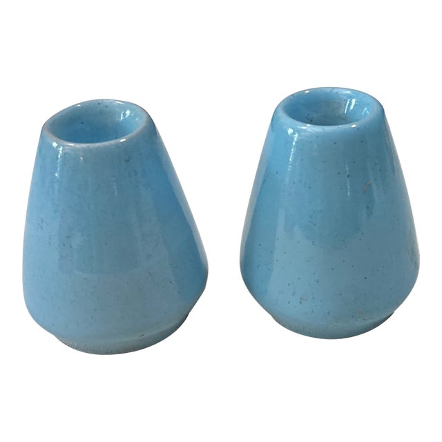 Pair or 1970s Blue Frankoma Lazy Bones Ceramic Candlestick Holders For Sale