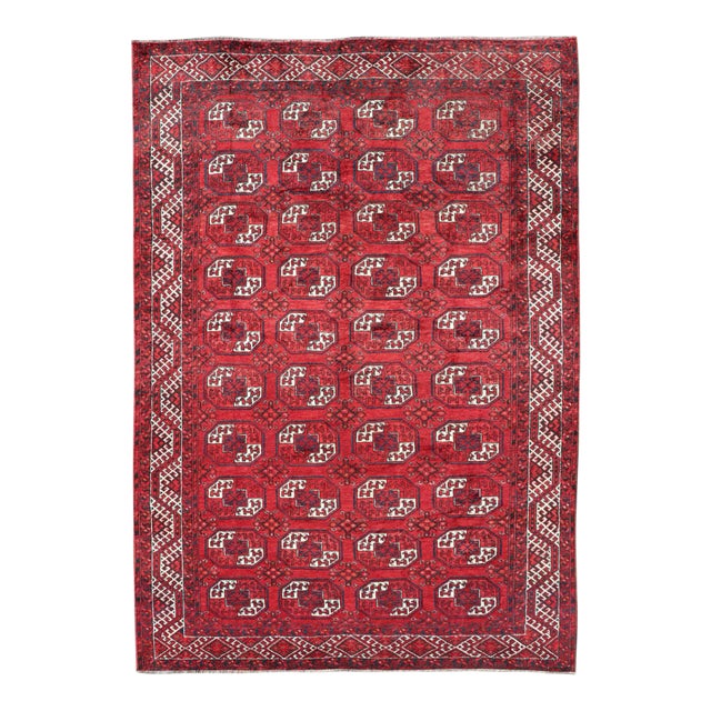 Mid 20th Century Hand-Knotted Vintage Turkomen Ersari Rug in Wool With Repeating Gul Design For Sale