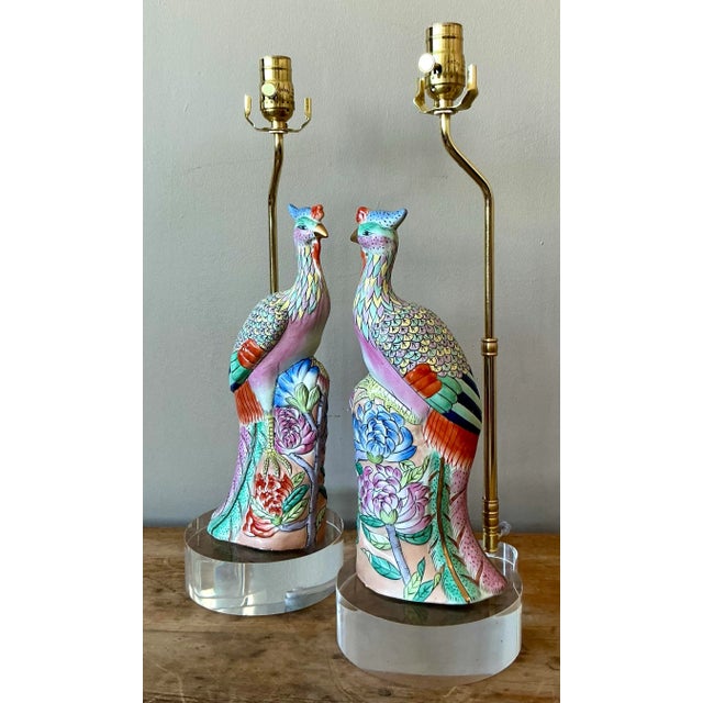 Vintage Asian Rose Famile Phoenix Glazed Ceramic Lamps - Set of 2 For Sale - Image 10 of 12