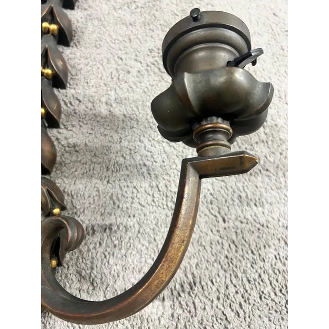 Metal 1930s Art Nouveau Two Arms Bronze W Frosted Milk Glass Shades Wall Sconce, a Set of 3 For Sale - Image 7 of 13