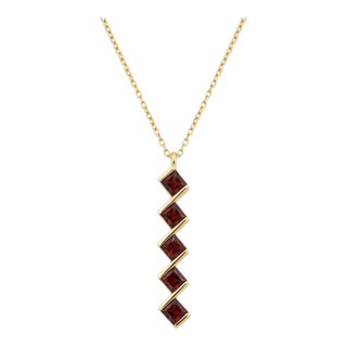 Natural Garnet Chevron Pendant Necklace | Geometric Red Gemstone Bar, | January Birthstone Necklace For Sale