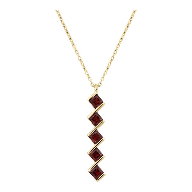 Natural Garnet Chevron Pendant Necklace | Geometric Red Gemstone Bar, | January Birthstone Necklace For Sale