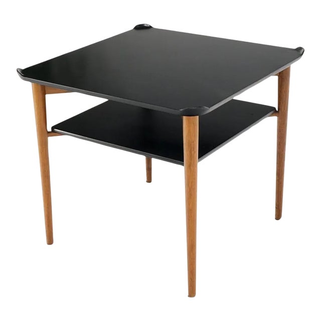 Two Tier Black Lacquer & Walnut Square End Side Center Table Stand Juhl Baker For Sale
