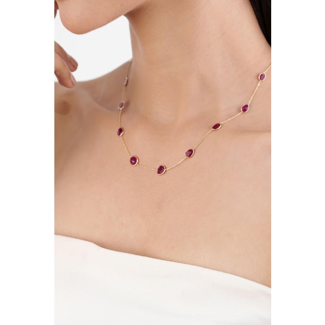 Not Yet Made - Made To Order 14k Gold 6.95ct Natural Mozambique Ruby Bezel Station Modern Necklace For Sale - Image 5 of 17
