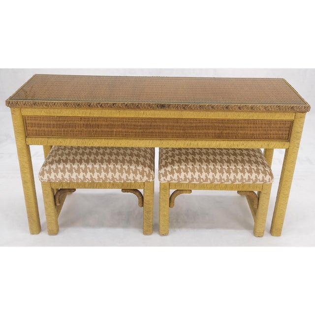 Brown Mid Century Modern Wicker Glass Top Consoel Table w/ Pair of Matching Benches For Sale - Image 8 of 18