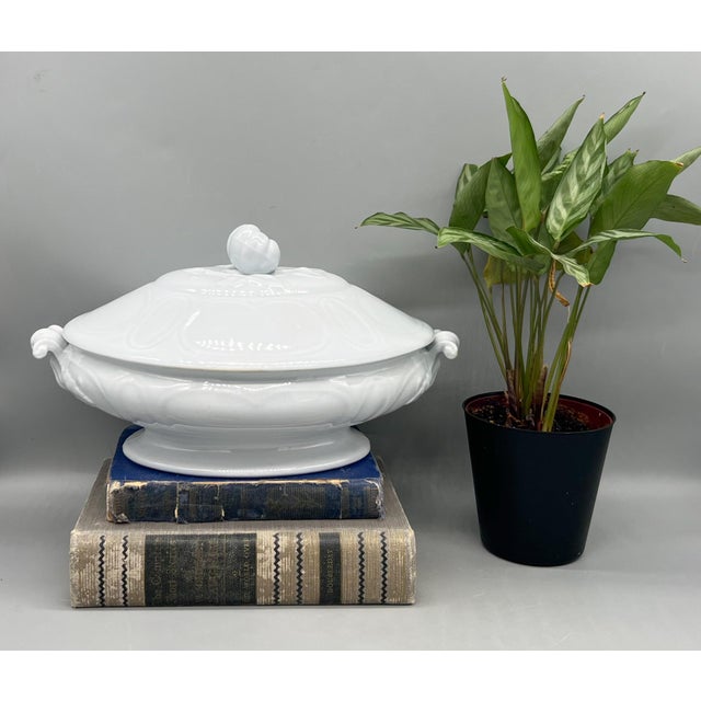 Elegant antique English white ironstone covered tureen by J. Edwards, featuring the St. Louis shape. Featuring an elegant...