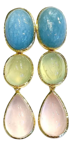 Bochic “Orient” Pink Quartz, Turquoise & Peridot Earrings Set 18K Gold & Silver, 2 pieces