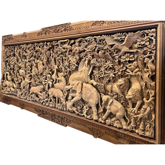 Monumental Indonesian Architectural Carved Teak Relief Wall Panel For Sale - Image 4 of 16