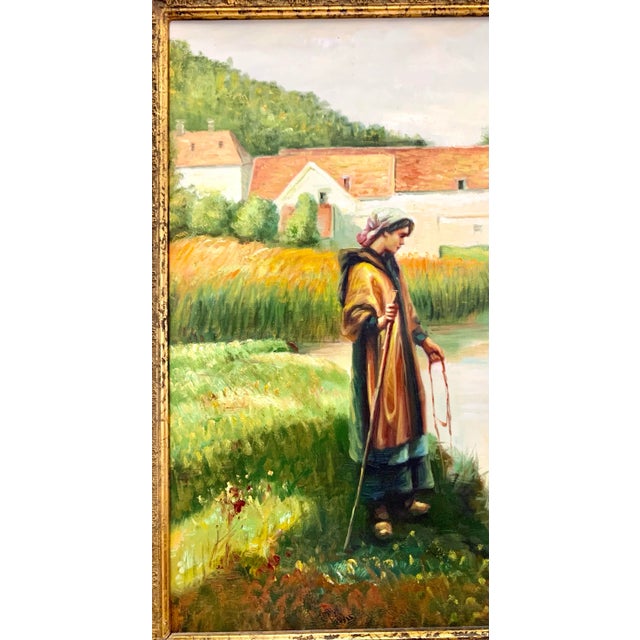 Late 20th Century Realist Oil Painting, Shepherdess With Herd of Cows, Framed, 32"w For Sale - Image 4 of 6