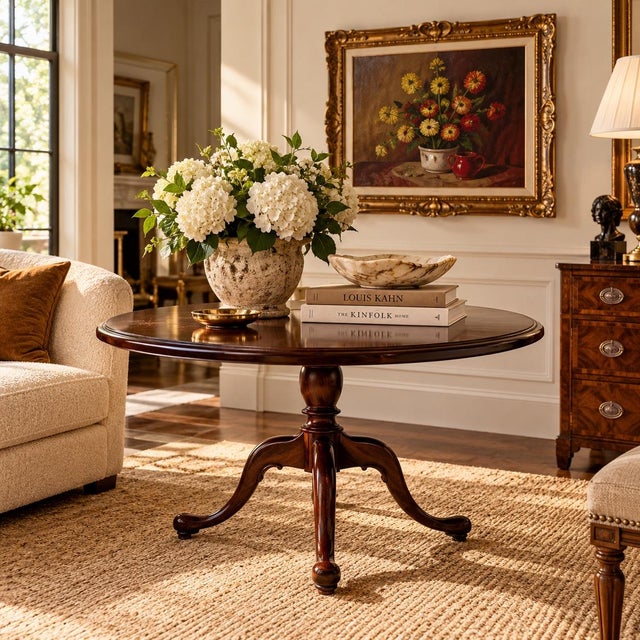 Elegant vintage Queen Anne style round occasional or dining table featuring a beautiful mahogany wood finish with a rich,...