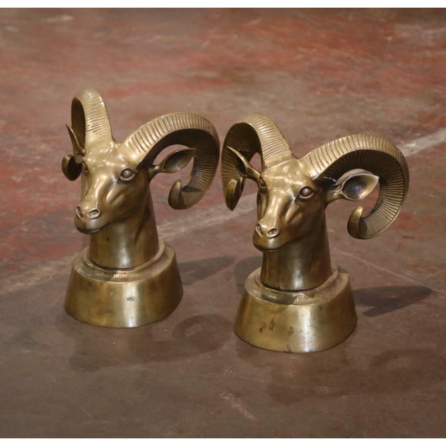 Pair of Vintage French Gilt Brass Ram Head Sculptures For Sale - Image 4 of 9