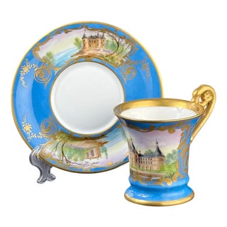 French Hand-Painted Porcelain Cup and Saucer in the style of Sèvres, 19th Century, Set of 2 For Sale