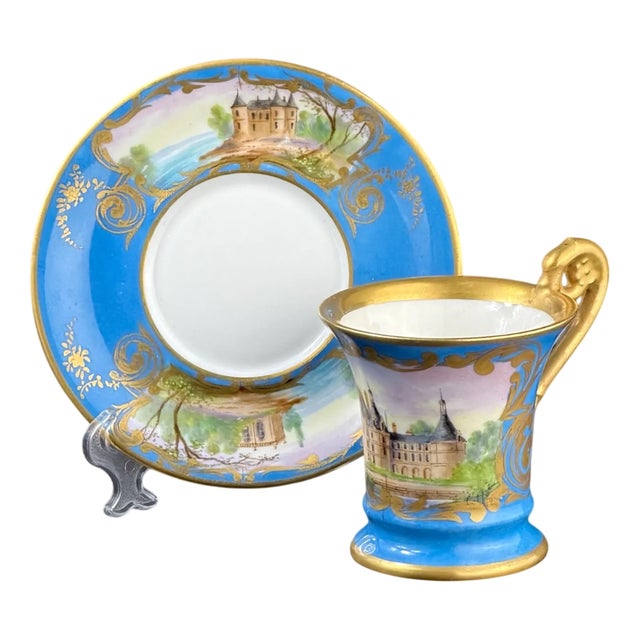 French Hand-Painted Porcelain Cup and Saucer in the style of Sèvres, 19th Century, Set of 2 For Sale