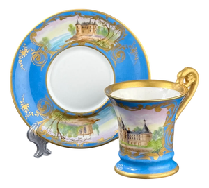French Hand-Painted Porcelain Cup and Saucer in the style of Sèvres, 19th Century, Set of 2