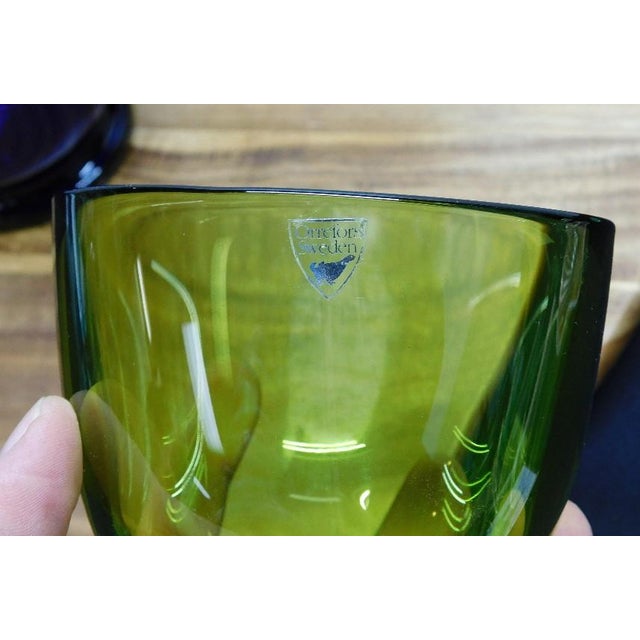 Orrefors 2pc Art Glass Collection: Signed Orrefors Green Bowl & Cobalt Blue Hurricane For Sale - Image 4 of 5