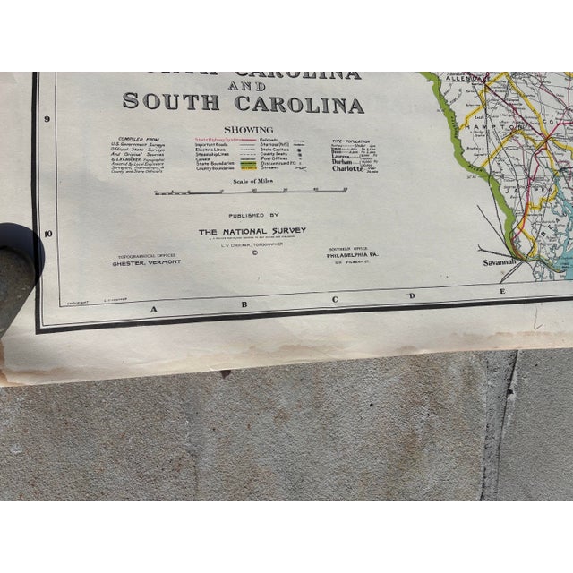 Antique White Antique 1914 Map of North and South Carolina by the National Survey Co Topographical Offices I. V. Crocker For Sale - Image 8 of 12