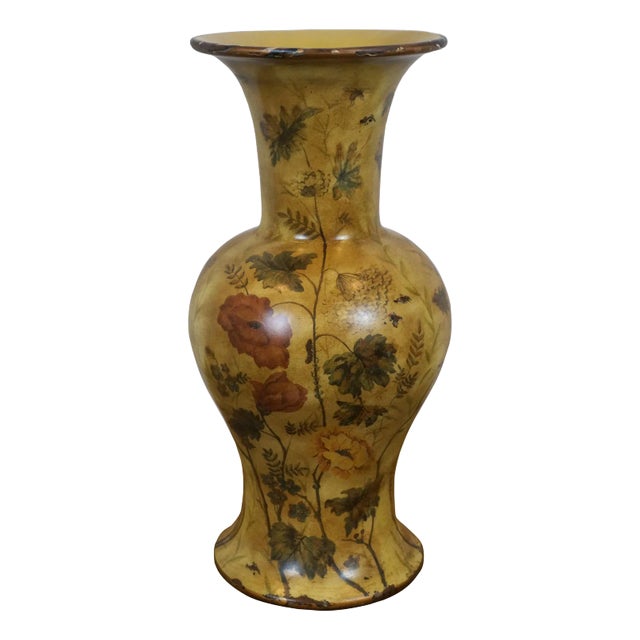 Late 20th Century Chinoiserie Painted Yellow Floral Porcelain Ceramic Flower Vase Mantel Urn For Sale