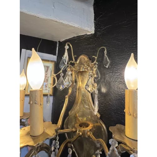 Pair of 1980s Contemporary Rococo Style Brass and Crystal Bi Level Three Light Sconces For Sale - Image 4 of 12