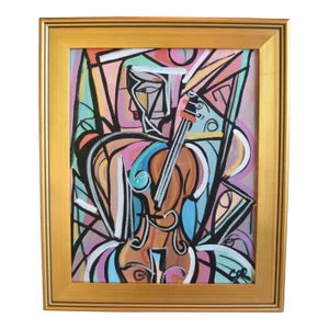 Contemporary Modern Cubism Portrait of a Person Playing a Musical Instrument Oil Painting W/ Antiqued Gold Wood Frame