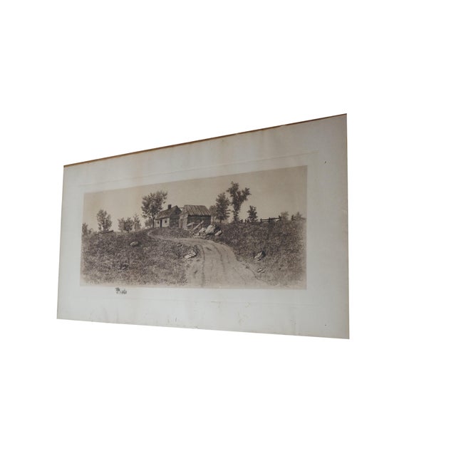 Victorian Antique Thatched Cottage Country Farmhouse Panoramic Landscape Etching 28" For Sale - Image 3 of 11