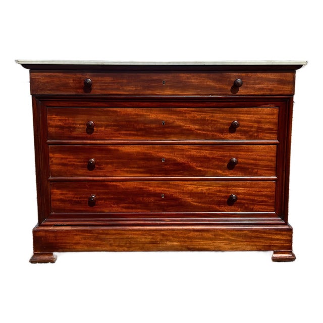 19th Century Louis Philippe Solid Flam Mahogany Carrara Marble Top Chest of Drawer / Commodes For Sale