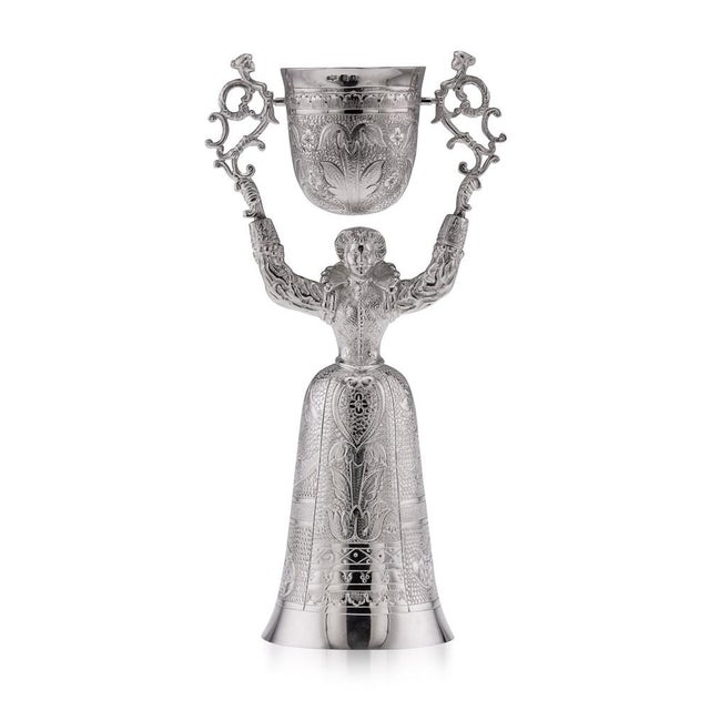 Novelty 20th Century solid silver wager / marriage cup, the cups design inspired by the early 16th century German example,...