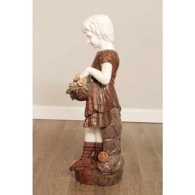 Red Mid 20th Century Figural Girl with Flowers Carved Marble Life-Size Statue For Sale - Image 8 of 13