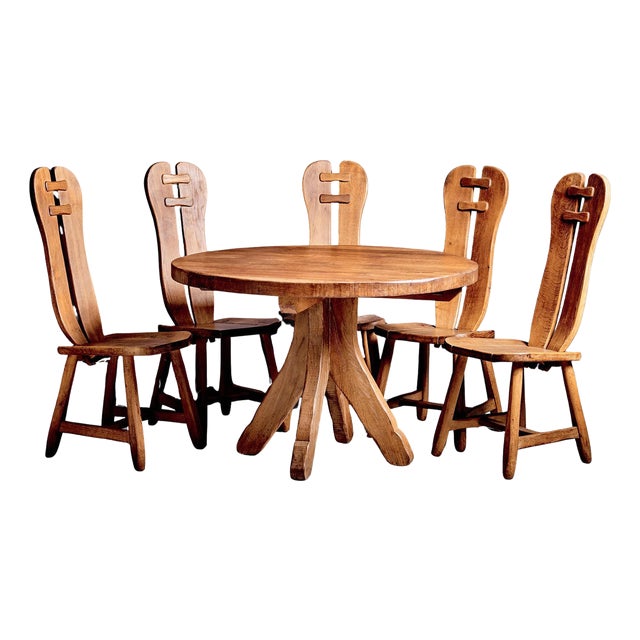 Brutalist Oak Dining Table and Chairs, 1970s, Set of 6 For Sale