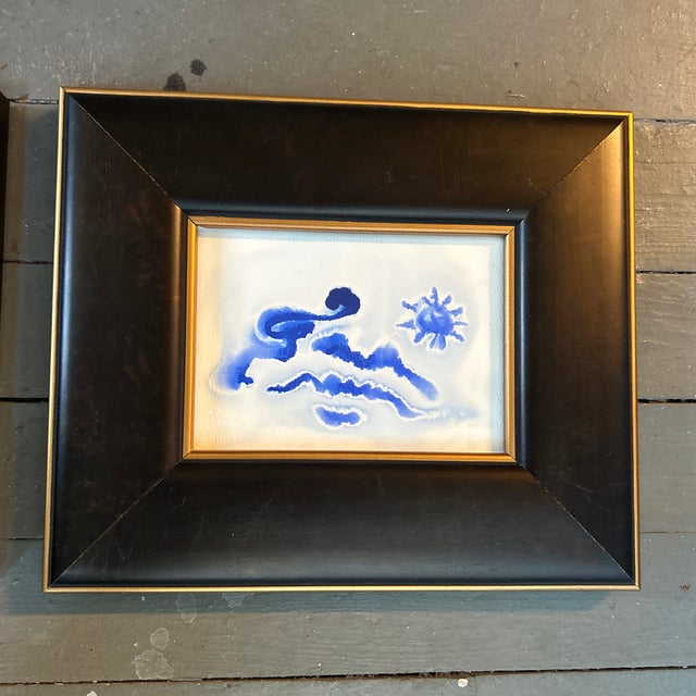 Abstract Two Contemporary Original Abstract Landscape Blue Ink Watercolor Paintings - Set of Two For Sale - Image 3 of 5