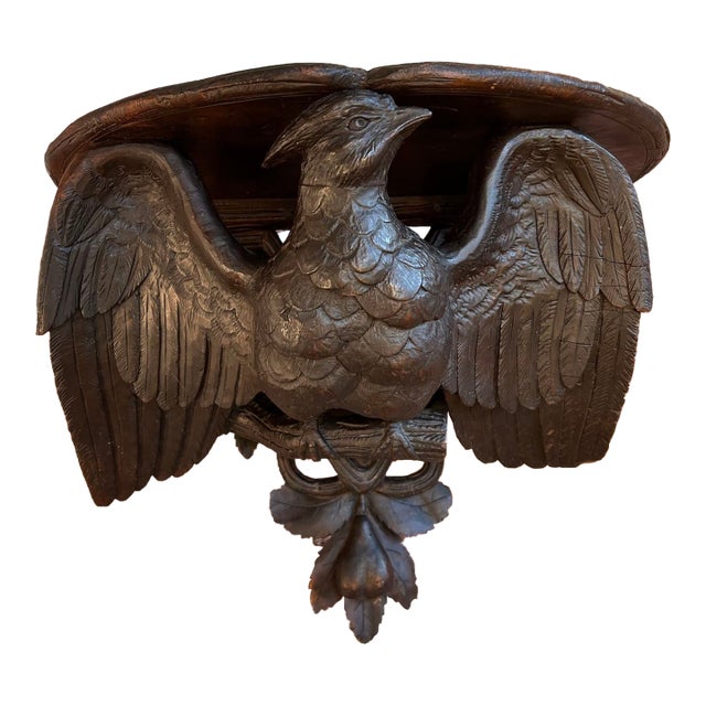 Antique French Wall Shelf Corbel Carved Eagle Black Forest Statue Wood C1880 For Sale